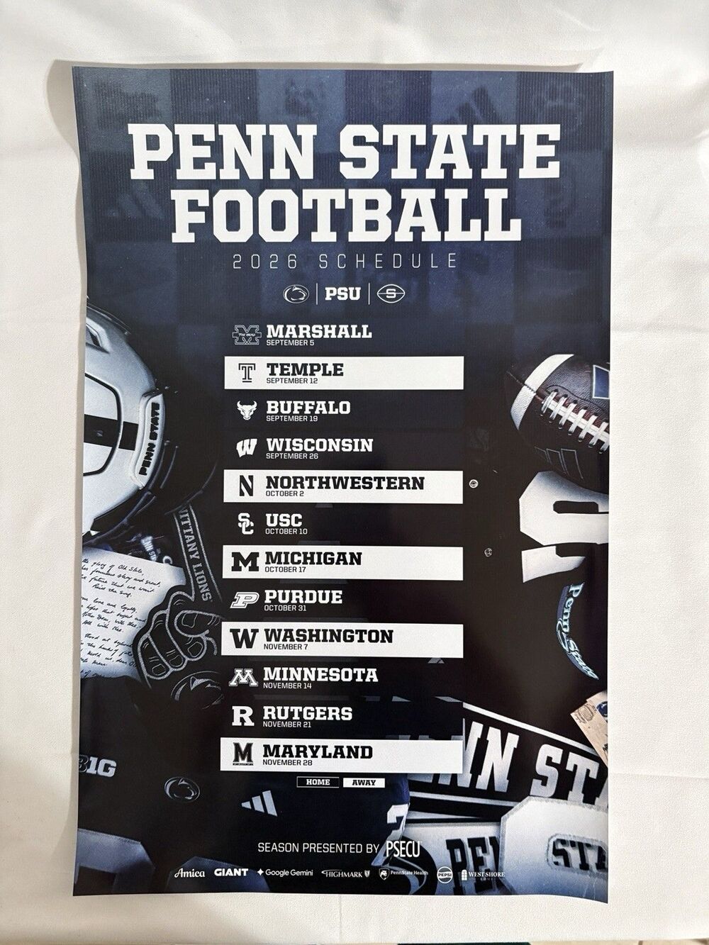 2026 PENN STATE Nittany Lion Football Schedule Poster - 11 in X 17 in